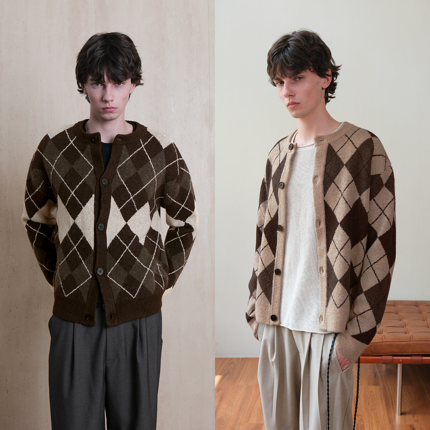 Set for life 25FW 复古菱形格纹羊毛休闲毛衣开衫