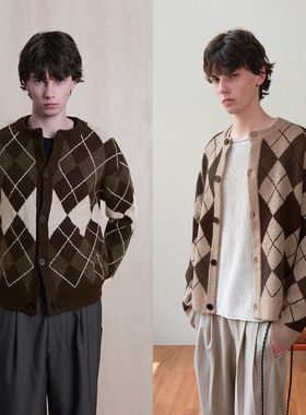 Set for life 25FW 复古菱形格纹羊毛休闲毛衣开衫