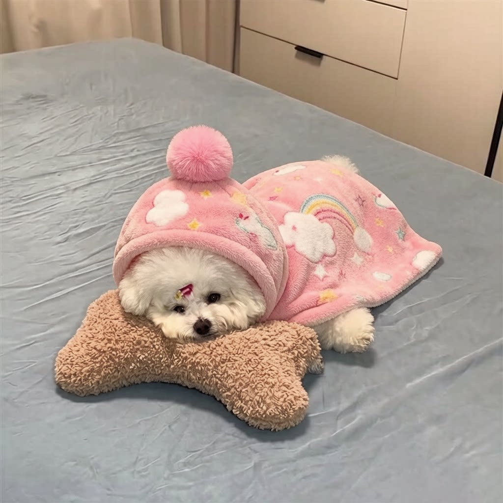 狗狗衣服斗篷披风保暖加厚冬季睡袍比熊毛绒卡通披风双面睡毯泰迪