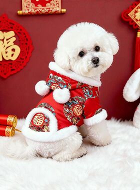 狗狗新年衣服2025新款冬小狗红色连帽棉衣可牵引拜年宠物比熊两脚