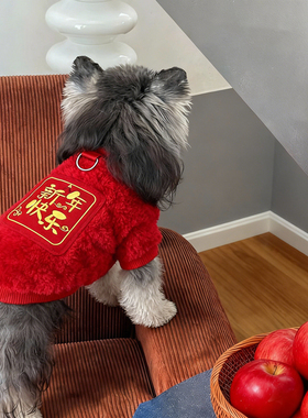 狗狗新年衣服冬天红色喜庆拜年带牵引环泰迪过年防着凉加厚两脚衣