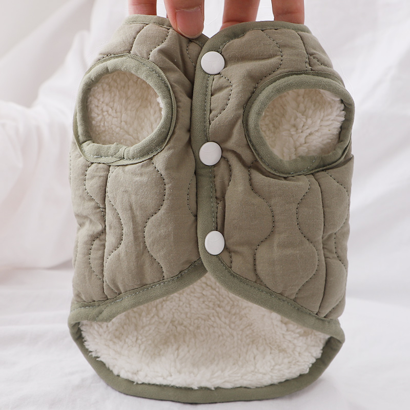 狗狗衣服冬季保暖比熊小奶狗可牵引深绿色加绒棉背心两脚按扣冬装