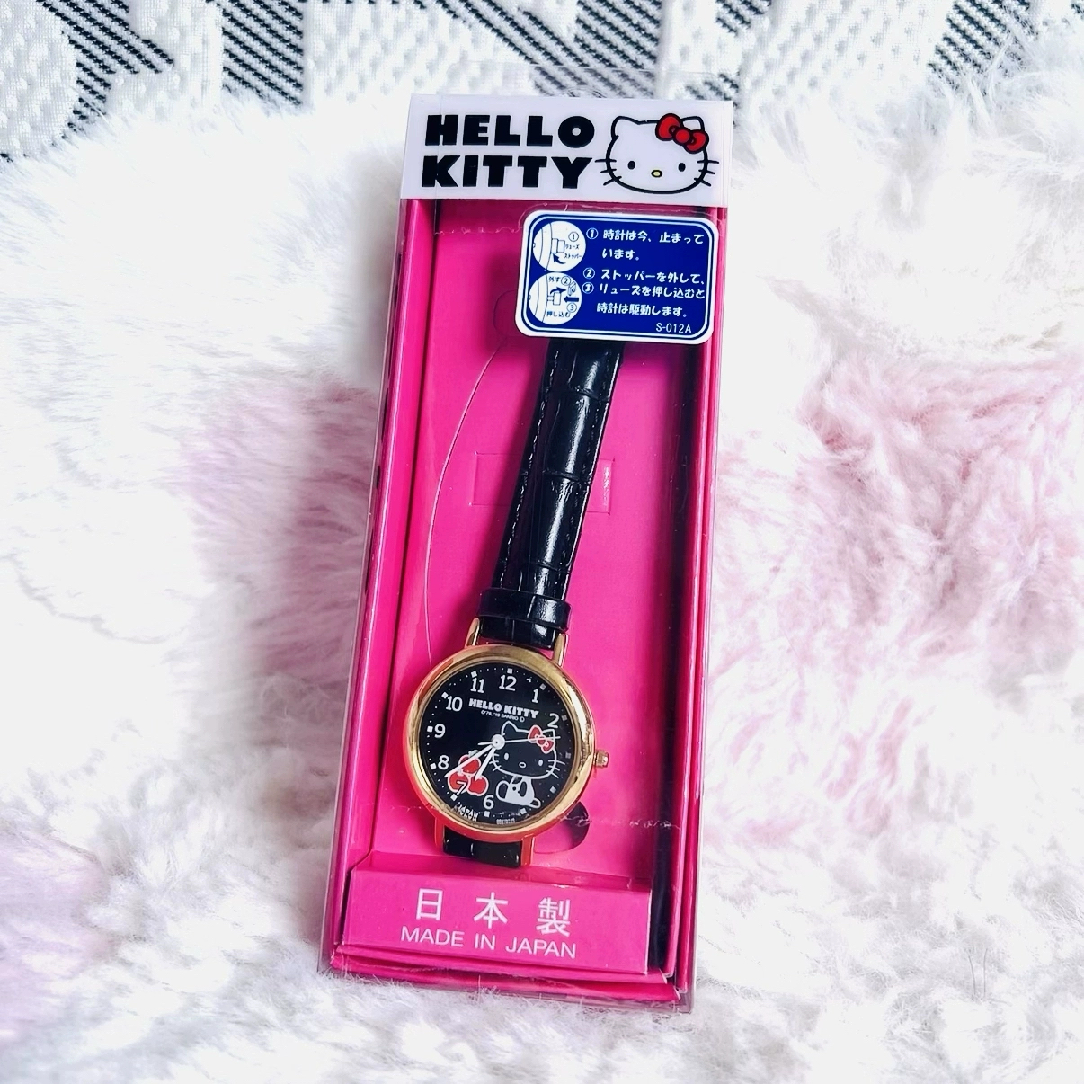 日本制专柜正品hello Kitty黑金表盘真皮表带女式手表女童手表3cm