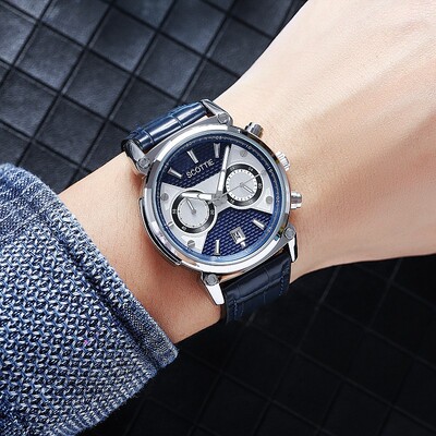 不锈钢表带气质男士三眼潮流腕表