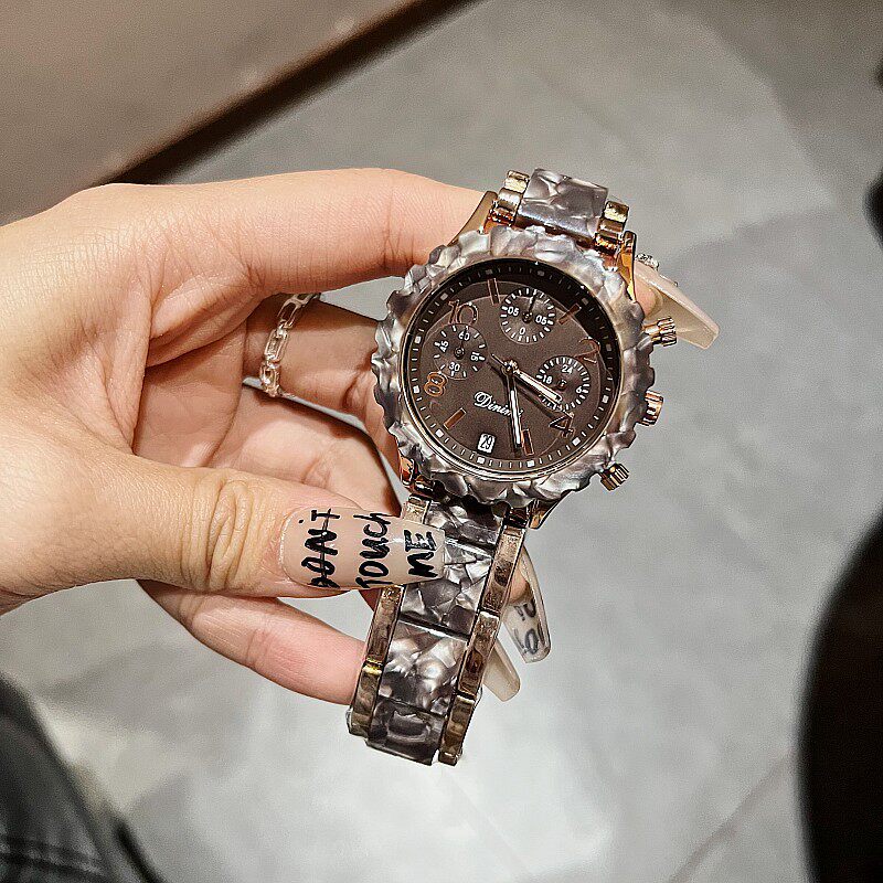 蒂米妮中性款个性潮流时尚眼镜胶表带日历大表盘女士多功能腕表