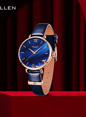 SOLLEN梭伦石英女表ins风复古圆盘防水大气质女士手表镶钻小蓝表