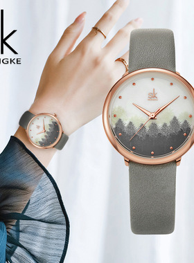 SHENGKE胜刻腕表防水田园白桦树林元素贝壳面皮带款女士手表K