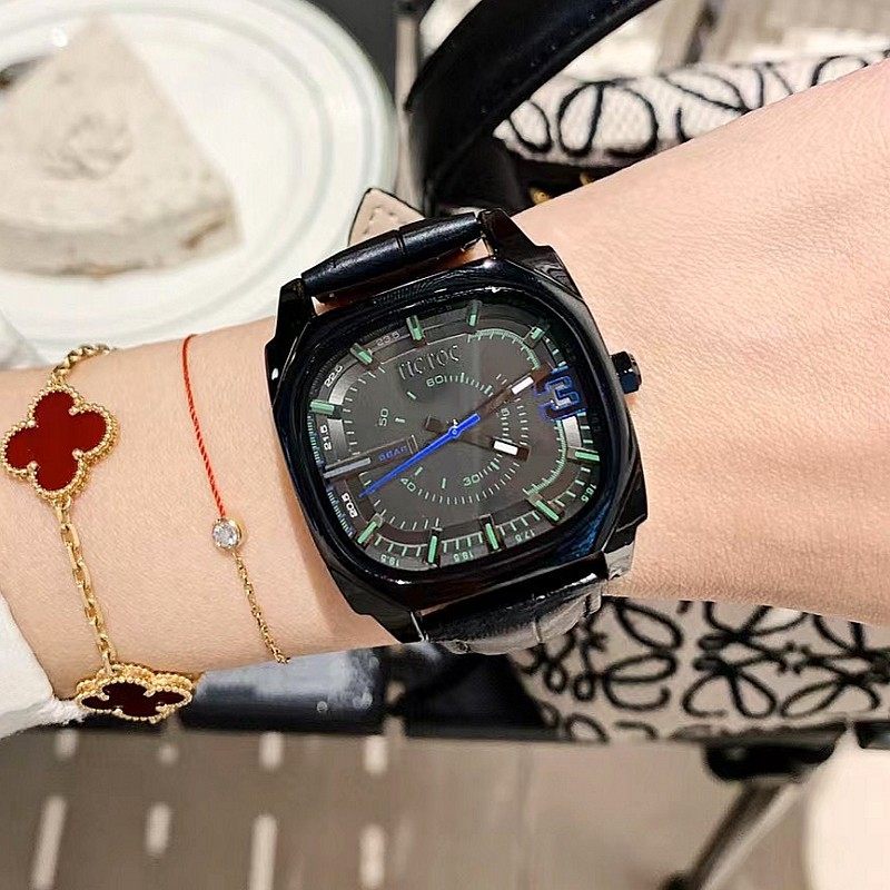 tictoc女款潮流个性时尚黑色方形中性女表大盘黑色皮表带女士手表