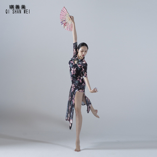 新款古典舞蹈弹力网纱印花显瘦开叉旗袍中国舞练功服民族舞蹈演出