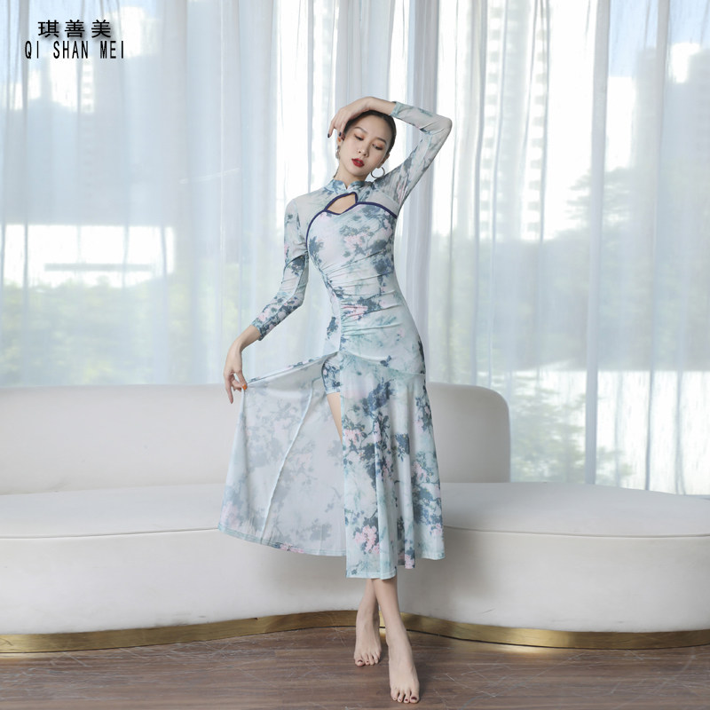 古典舞蹈服身韵纱衣立领长袖修身改良旗袍高开叉包臀裙摆连衣裙秋