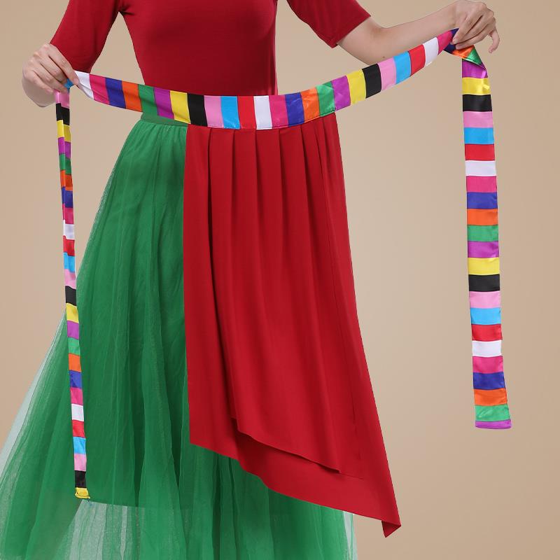 新款百搭一片式小围裙藏族舞蹈演出服装民族风傣族舞七彩飘带裙