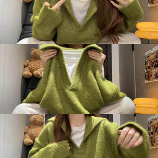 超好看复古冬季软糯翻领毛衣女慵懒宽松针织衫绿色高级感上衣外套