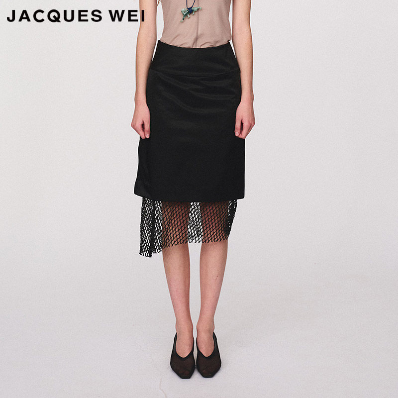 JACQUES WEI 设计师官方店2024SS春夏新款黑色拼接镂空半裙
