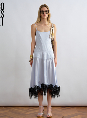 JACQUES WEI 2025夏季新款PF银标性感露背蓝色蕾丝拼接系带连衣裙