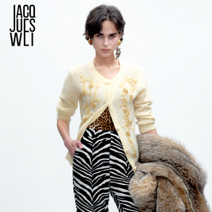 秋冬米黄色手工花卉串珠羊毛针织开衫 2025新款 毛衣女 WEI JACQUES