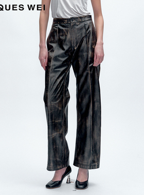 JACQUES WEI 2025年秋冬新款深色复古做旧棕色女款皮裤