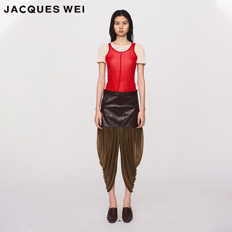 JACQUESWEI棕皮革绿薄纱半裙半裙