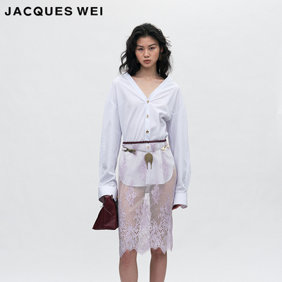 JACQUES WEI 2025春夏季新款时尚小羊皮拼接浅紫色蕾丝透感半身裙