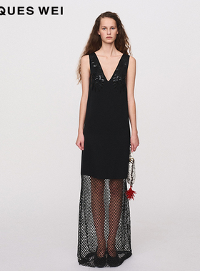 JACQUES WEI 设计师官方店2024SS春夏新款黑色缎面镂空拼接连衣裙