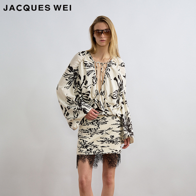 JACQUES WEI 2025夏季新款PF银标系列黑白花卉抽褶度假感衬衫衣女