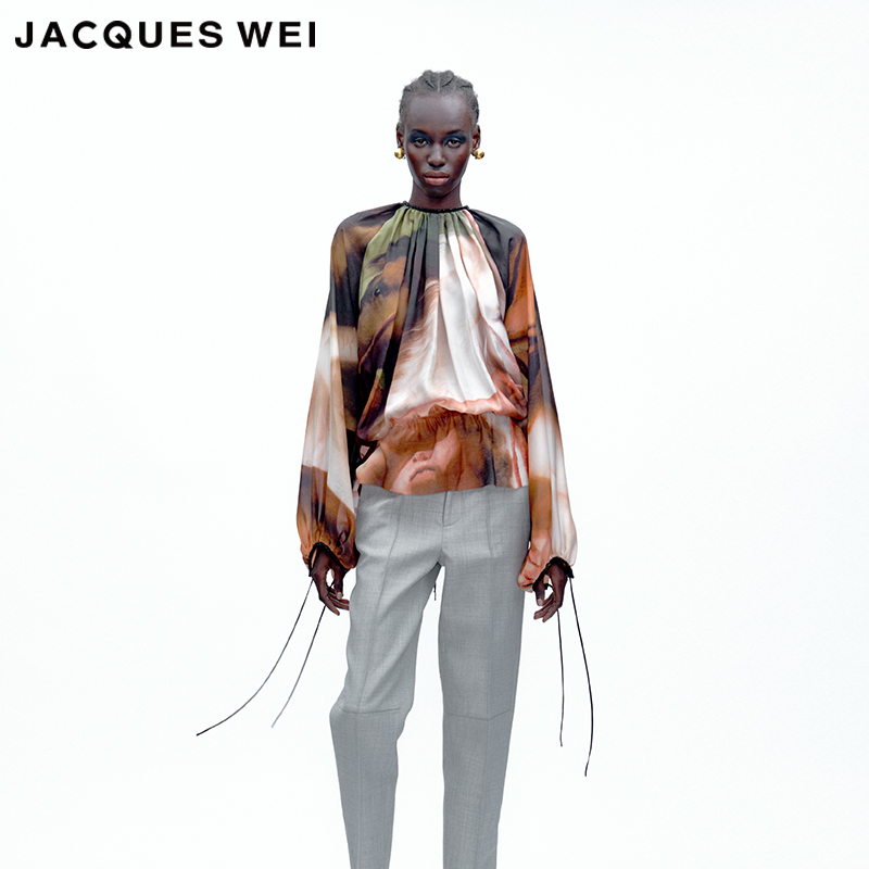JACQUES WEI 2025秋冬系列新款艺术家印花网纱露背衬衫上衣女