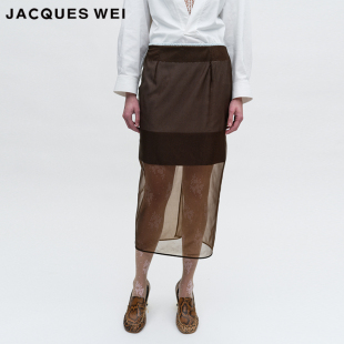 JACQUES WEI 2025夏季新款复古薄纱双层拼接女款深棕色开叉半身裙