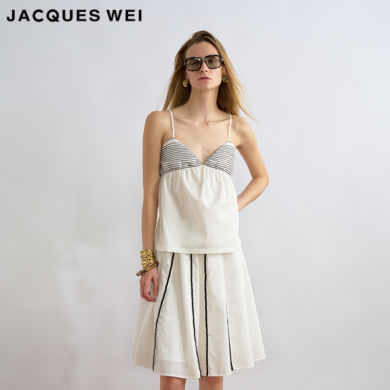 JACQUES WEI 2025夏季新款时尚高级坠感白色线条胸衣吊带上衣女