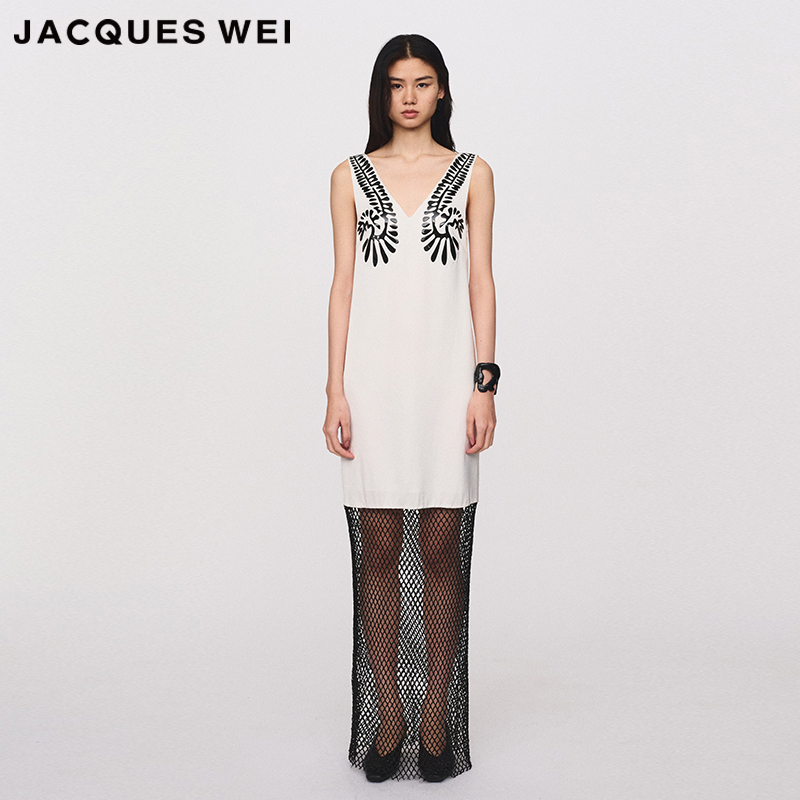 JACQUES WEI 设计师官方店2024SS春夏新款白色缎面拼接镂空连衣裙