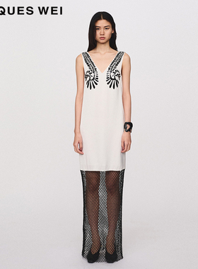 JACQUES WEI 设计师官方店2024SS春夏新款白色缎面拼接镂空连衣裙