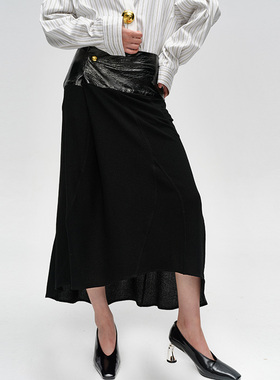 JACQUES WEI 设计师官方店2024AW秋冬新款黑色羊皮拼接半裙