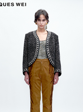 JACQUES WEI 2025秋冬系列新款黑色亮银肌理钉珠短外套