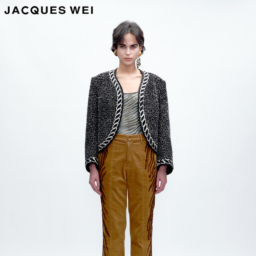 JACQUES WEI 2025秋冬系列新款黑色亮银肌理钉珠短外套