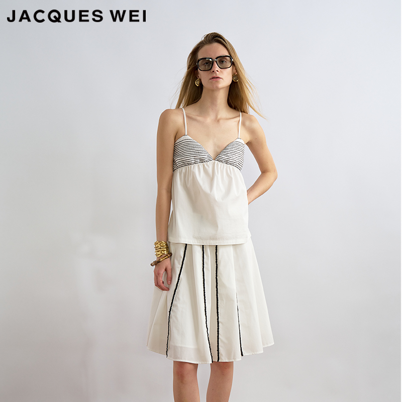 JACQUES WEI 2025夏季新款PF银标系列白色手工钉珠花苞半身裙