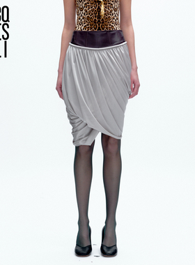 JACQUES WEI 2025秋冬新款羊皮银灰色拼接修身显瘦垂感半身裙子女