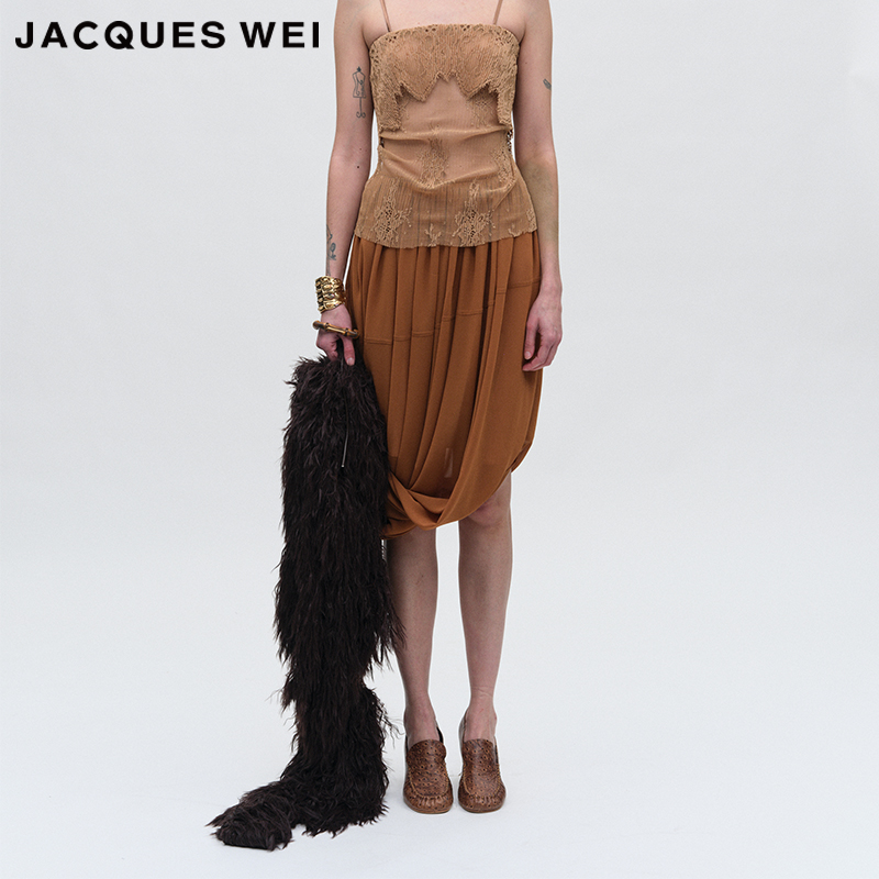 JACQUES WEI 2025春季新款棕色多层褶皱高级层次坠感半身裙