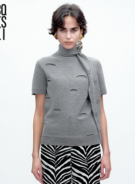JACQUES WEI 2025新款秋冬灰色镂空破洞设计羊毛短袖针织衫上衣女