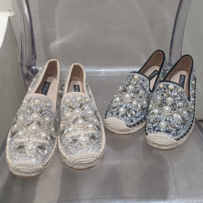 水钻草编渔夫鞋女2025年春秋新款一脚蹬休闲平底单鞋女厚底乐福鞋,女鞋,渔夫鞋,淘宝优惠券,粉丝福利购,淘宝优惠卷