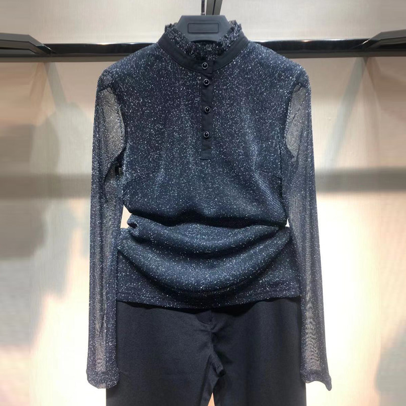 阿瑪施旗舰店女装正品2020夏新款专柜网纱亮丝立领长袖打底衬衫女