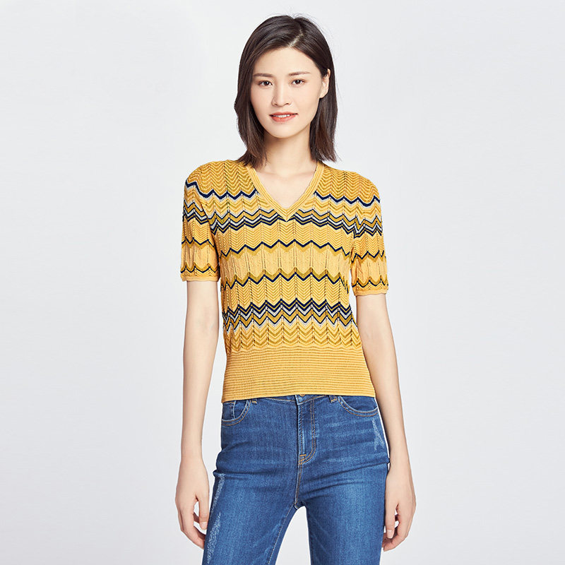 阿瑪施旗舰店女装官网2020夏季新款V领镂空针织衫薄款短袖上衣女