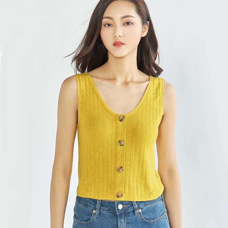 阿瑪施旗舰店官网复古纽扣短背心2020夏装新款套头针织衫T恤女装