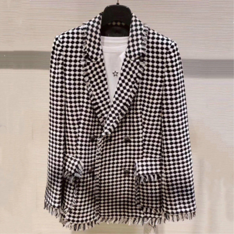 阿瑪施女装旗舰店官网2020秋新款百搭睫毛边格子羊毛西装女士外套