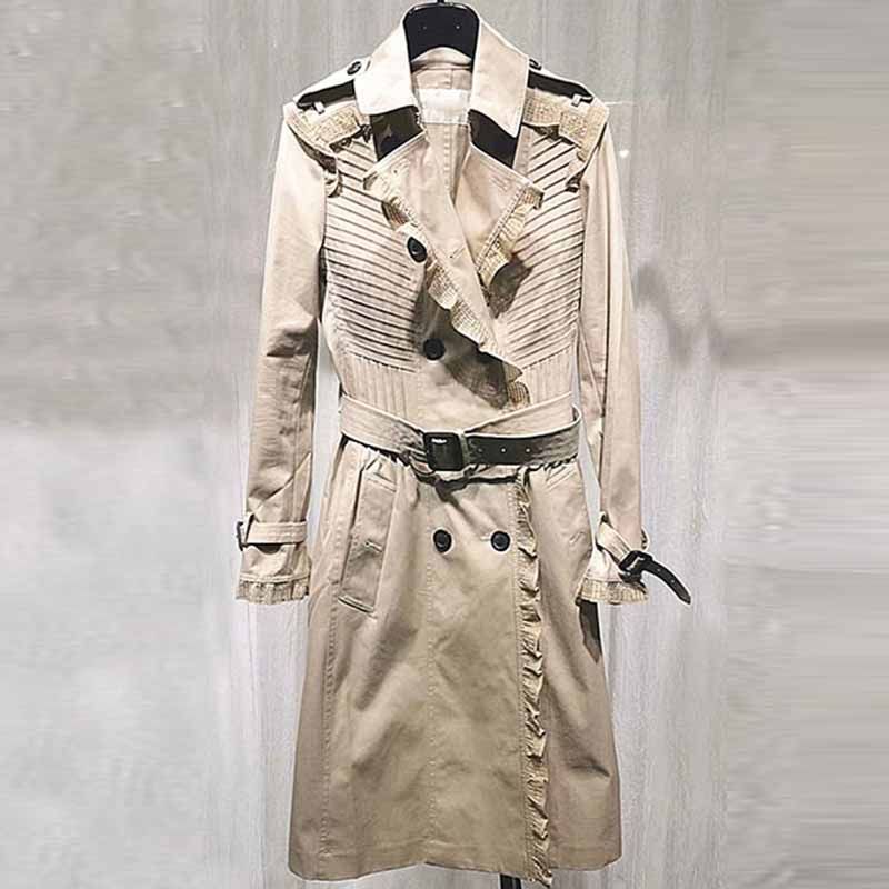 阿瑪施旗舰店官网2020秋新款修身腰带花边外套双排扣中长款风衣女