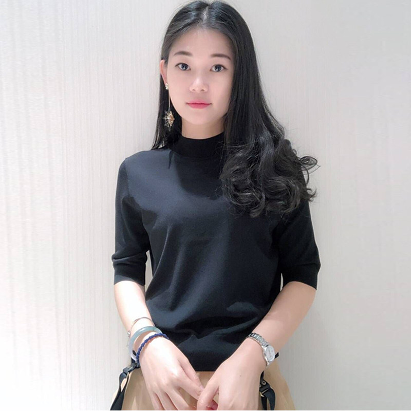 阿瑪施旗舰店2020夏装新款半高领五分袖针织衫t恤女冰丝短袖上衣