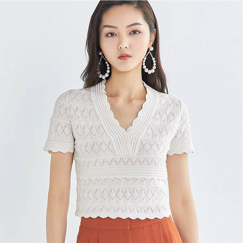 阿瑪施旗舰店官网2020夏装新款甜美V领套头镂空短袖针织衫女短款