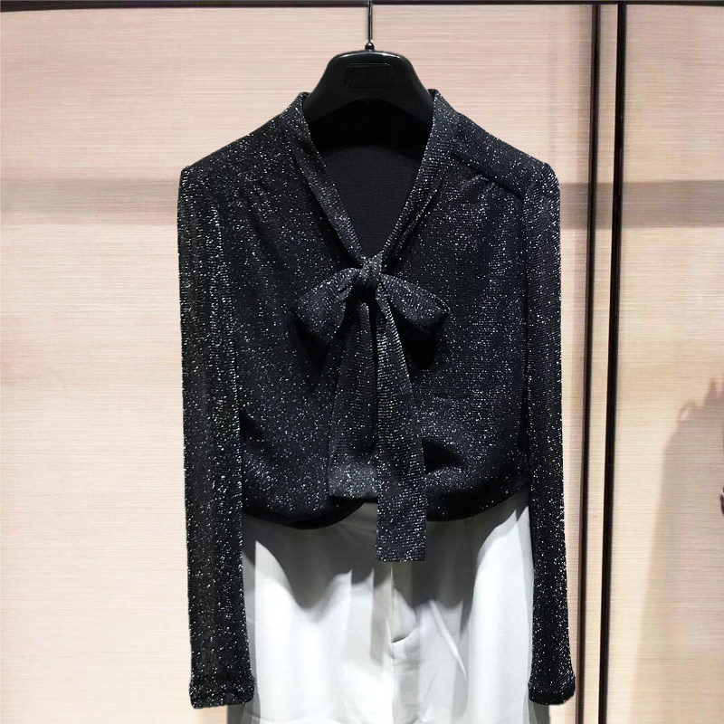 阿瑪施旗舰店女装官网蝴蝶结飘带上衣2020夏新款金银亮丝网纱衬衫