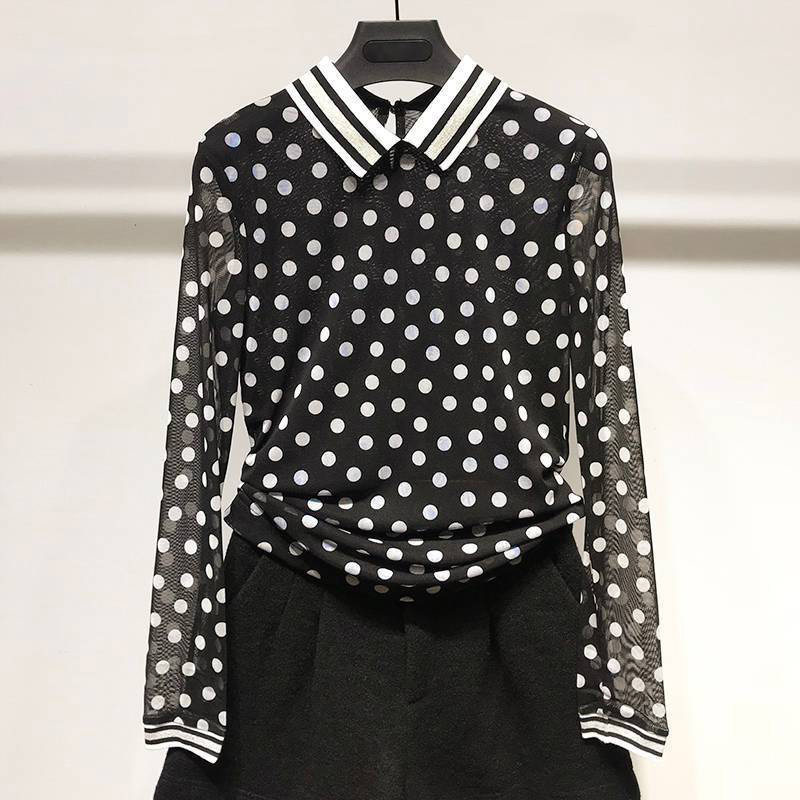 阿瑪施旗舰店女装网纱弹力修身衬衫2020夏新款翻领圆点打底衫上衣