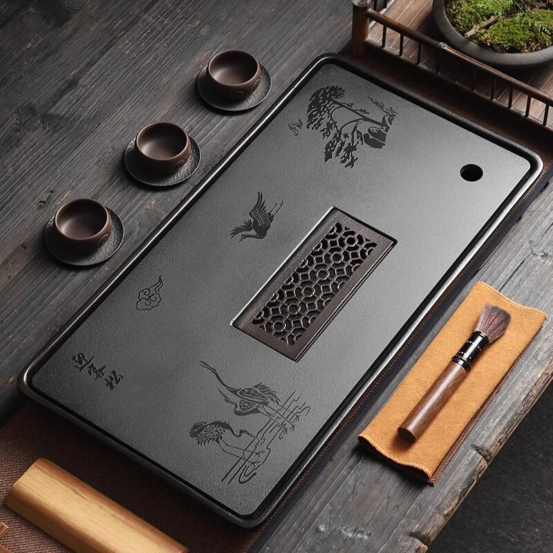 乌金石茶盘家用石头茶台排水储水式干泡台陶瓷茶具茶托 托盘