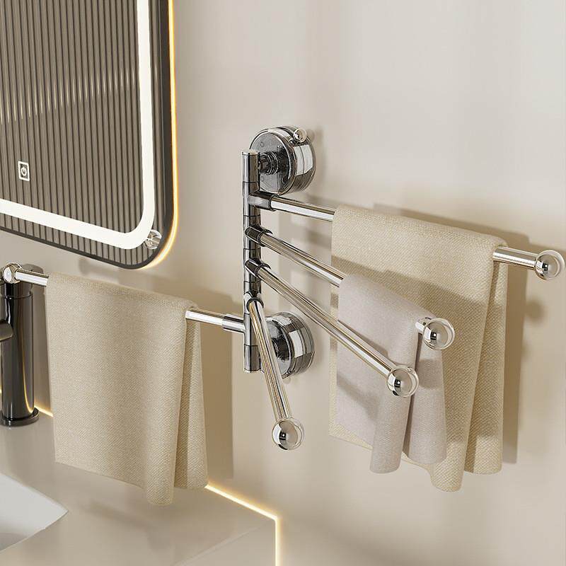 吸盘毛巾架卫生间免打孔浴室转角置物架子不锈钢旋转多杆毛巾挂杆