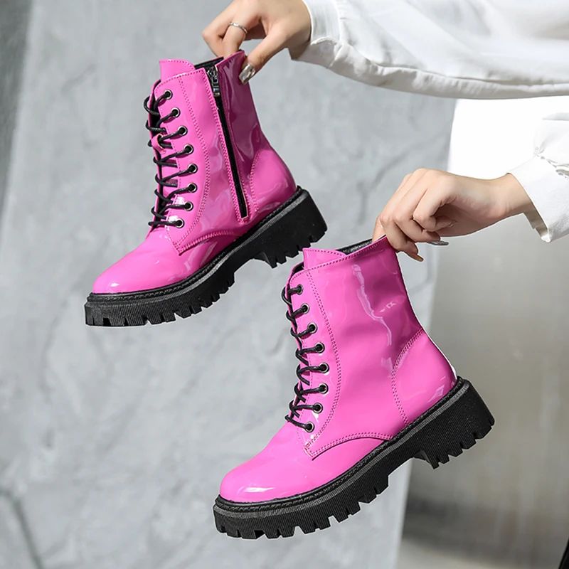 Lucyever 2023 Lace Up Pink Ankle Boots Woman Patent Leather
