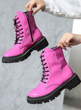 Lucyever 2023 Lace Up Pink Ankle Boots Woman Patent Leather